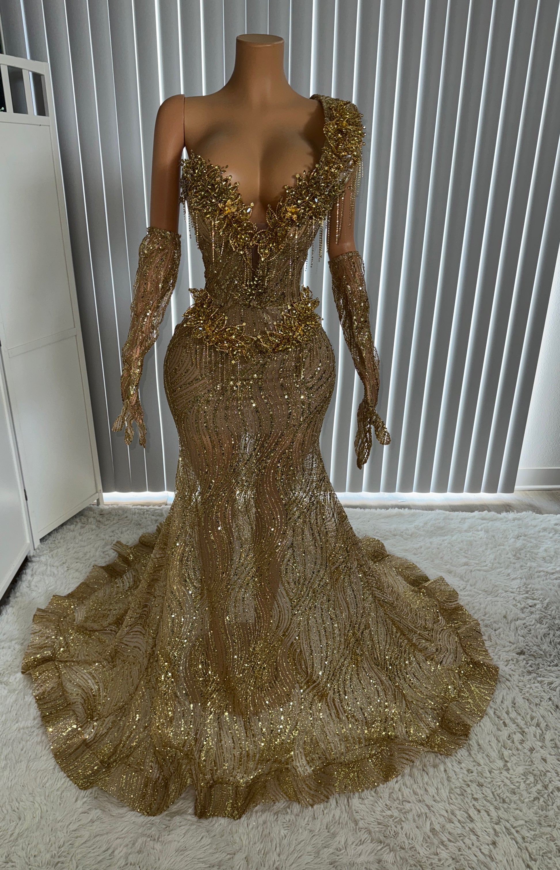 unique gold rhinestone mermaid prom dresss